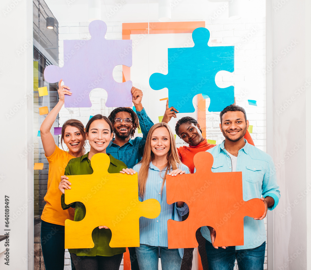 Poster teamwork of partners that work with puzzle as integration and startup concept