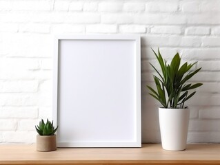 Maize wooden photo frame mockup leaning at white brick wall generative ai