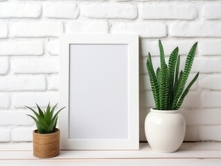 Maize wooden photo frame mockup leaning at white brick wall generative ai