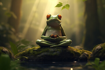 Green frog sits in meditation to calm his mind in the forest. Amphibian, Illustration, Generative AI. - obrazy, fototapety, plakaty