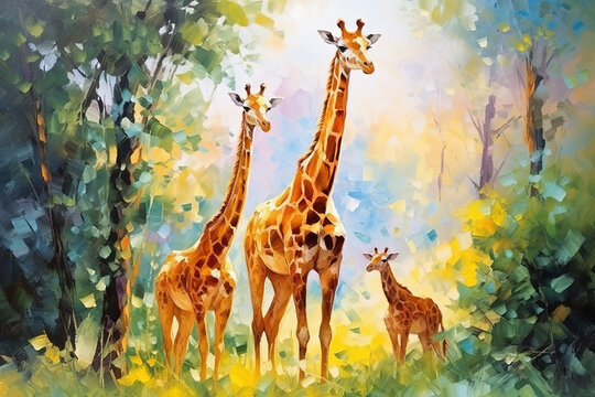 Beautiful painting of a family of giraffes resting under the trees in the forest. Wildlife Animals. Illustration, Generative AI.