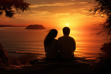 Couple sitting watching the sunset on background
