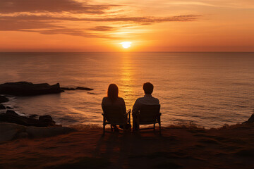 Fototapeta na wymiar Couple sitting watching the sunset on background