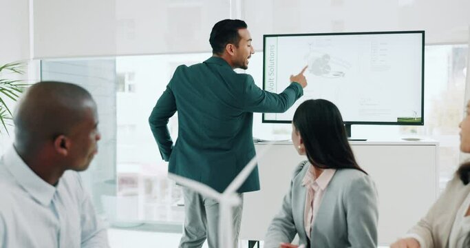 People, collaboration and wind turbine presentation for renewable energy, eco friendly business and sustainability planning. Engineering manager, meeting and teamwork for windmill model or 3d design