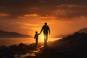 father and son walking isolated on white