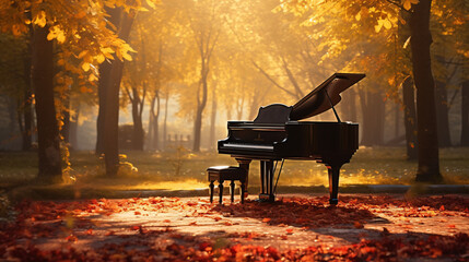 Piano in autumn park morning landscape