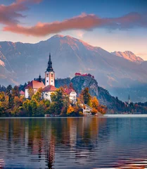Fotobehang Attractive morning view of Pilgrimage Church of Assumption of Maria. Impressive autumn scene of Bled lake, Julian Alps, Slovenia, Europe. Traveling concept background. © Andrew Mayovskyy