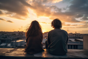 young friends sitting together on rooftop at sunset on background