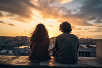 Fototapeta premium young friends sitting together on rooftop at sunset on background