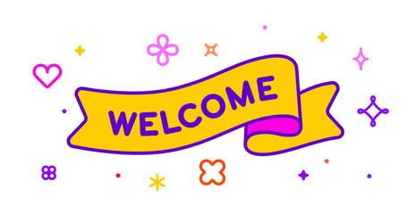 Ribbon and banner Welcome. Greeting card with ribbon and word Welcome. Trendy barbie style barbiecore ribbon banner for card with text welcome on colorful yellow background. Vector Illustration