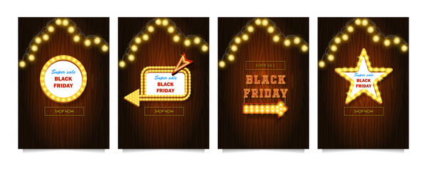 Black Friday retro sale banners set with light frames and lighting bulbs on wood background