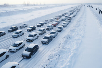 Snow-Covered Highway Traffic Jam - Winter Weather Struggle