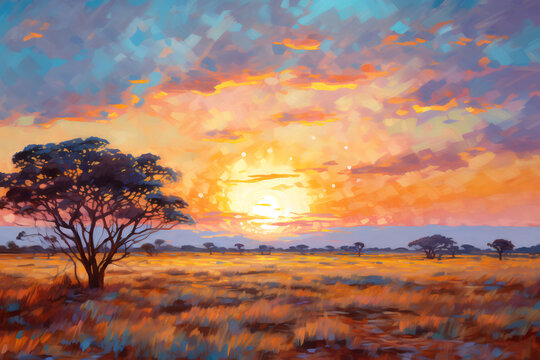 African savanna at sunset. Oil painting in the style of impressionism.