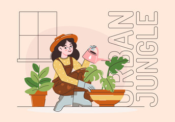 A young woman is watering indoor plants. Growing flowers or herbs in pots and taking care of them. The concept of gardening. flat vector illustration.
