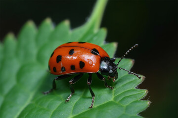 a spotted beetle on a green leaf