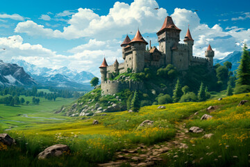 old castle made with stone with meadow around