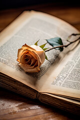old red rose on a old book on a rustic wooden table. book day concept