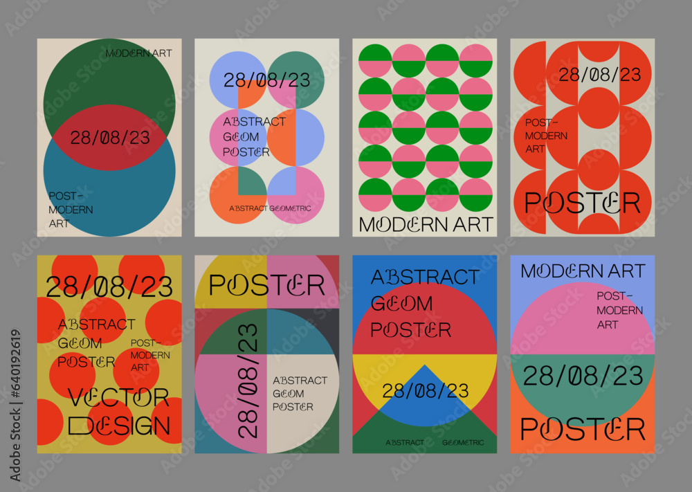 Poster set of geometric postmodern inspired posters. cool abstract geometrical modern covers. bauhaus shape