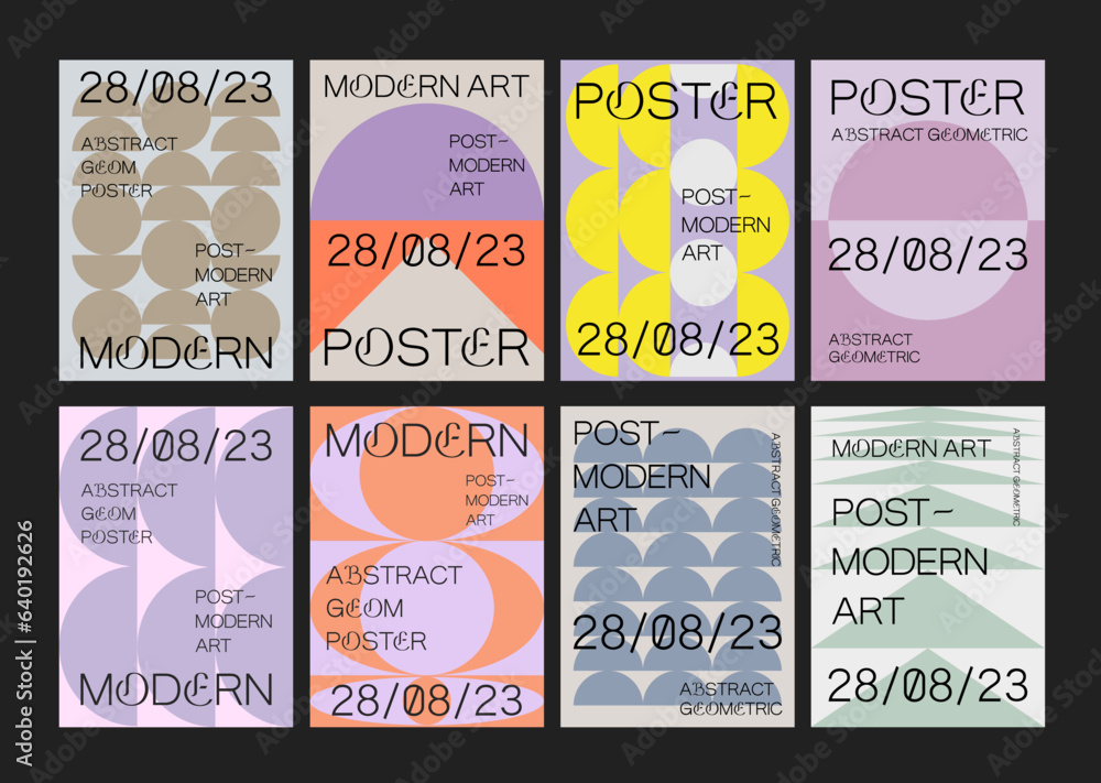 Poster set of geometric postmodern inspired posters. cool abstract geometrical modern covers. bauhaus shape