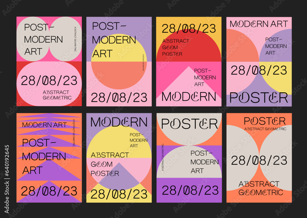 Poster set of geometric postmodern inspired posters. cool abstract geometrical modern covers. bauhaus shape