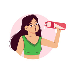 An attractive young woman drinks water from a plastic bottle. Fitness and health. Flat vector illustration