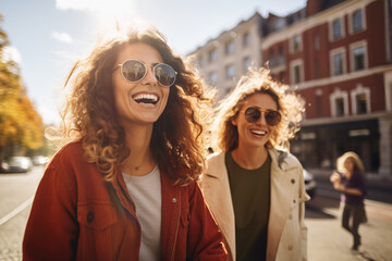 young women walking together in a European city in the autumn, candid photo