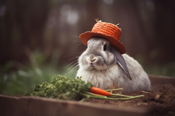 a rabbit wearing a farmer's hat