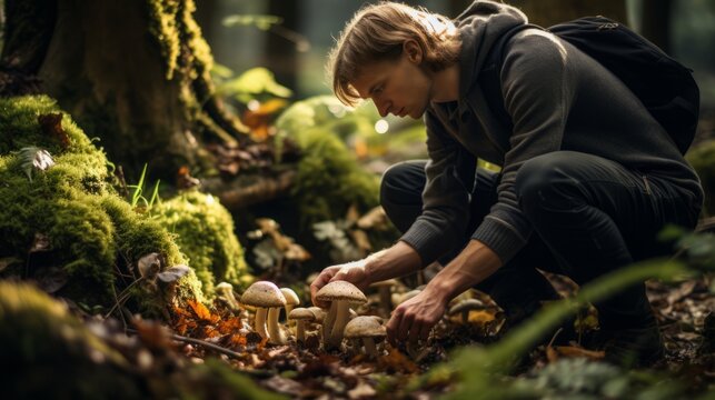man identifying mushrooms in the forest