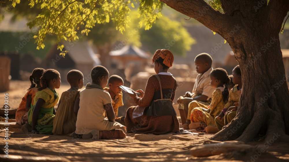 Sticker A group of African children are in school. An open-air lesson near a tree.