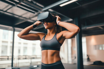 Fototapeta na wymiar Woman Enjoying VR Exercise with Headset