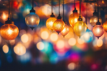 Festive Outdoor Night Market with Colorful Decor