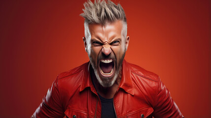 An angry man screams against a red background
