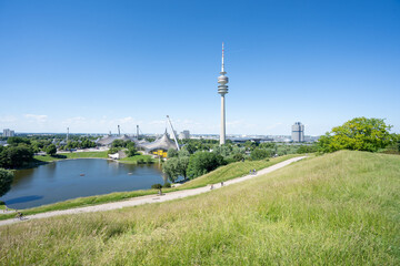 Obraz premium View of Olympia Park with Olympia Tower Olympiaturm in Munich, Bavaria Germany