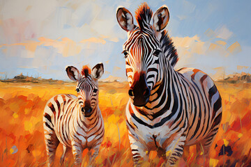 Zebra with a small foal in the savannah. Oil painting in the style of impressionism.