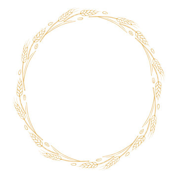 recommend clip art: Round frame made of golden outline wheat or rye ears. Vector autumn wreath, border hand drawn in Doodle style, isolated on white background