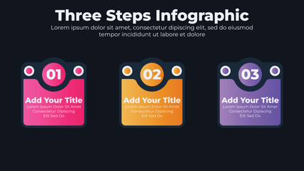 Business infographic design elements and flowchart steps with dark theme