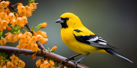 A Yellow Oriole perching , black and yellow bird on brown tree branch during daytime, Black and Yellow Bird on a Brown Tree Branch, generative Ai