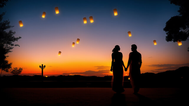 Silhouette of a young couple in traditional Indian clothes walking off into the sunset with flying handmade paper lanterns launched into the night sky on Diwali festival of lights.
