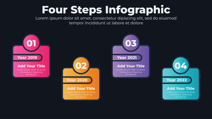 Business infographic design elements and flowchart steps with dark theme