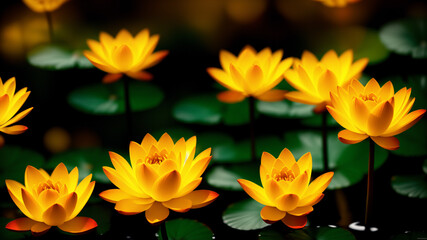 Fototapeta na wymiar Beautiful yellow lotuses with big green leaves floating on pure water closeup. Wallpaper with vivid blooming waterlilies on calm pond. Banner with flowers blossom