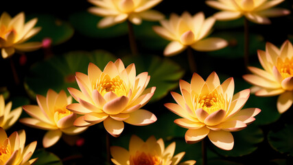 Wallpaper with vivid blooming  waterlilies on calm pond. Banner with flowers blossom. Beautiful yellow lotuses with big green leaves floating on pure water closeup. 