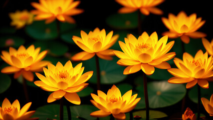 Wallpaper with vivid blooming  waterlilies on calm pond. Banner with flowers blossom. Beautiful yellow lotuses with big green leaves floating on pure water closeup. 