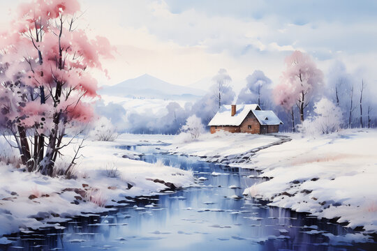 Beautiful Christmas winter landscape. Watercolor painting illustration.