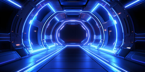3d Concept In The Futuristic Neon Tunnel Background, Cyberpunk futuristic spaceship interior  illustration, Blue White Led Lights Sci Fi Futuristic Modern Spaceship Dark Tunnel Corridor Generative AI