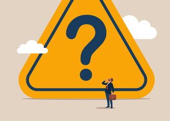 Smart entrepreneur thinking with big incident with question mark. Big problem and a lot of questions. Modern vector illustration in flat style. 