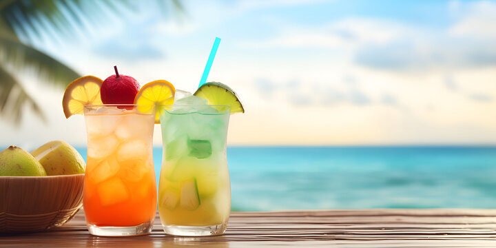 Tropical cocktails in beach decorationsgenerative, A glass of cocktail on the beach with a blue sky in the background, Lemonade cocktail with tropical fruits on the beach background ,generative AI