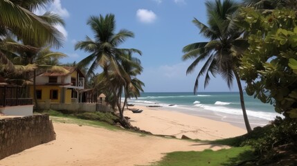 Fototapeta na wymiar realistic photo of a beach with villa and palms