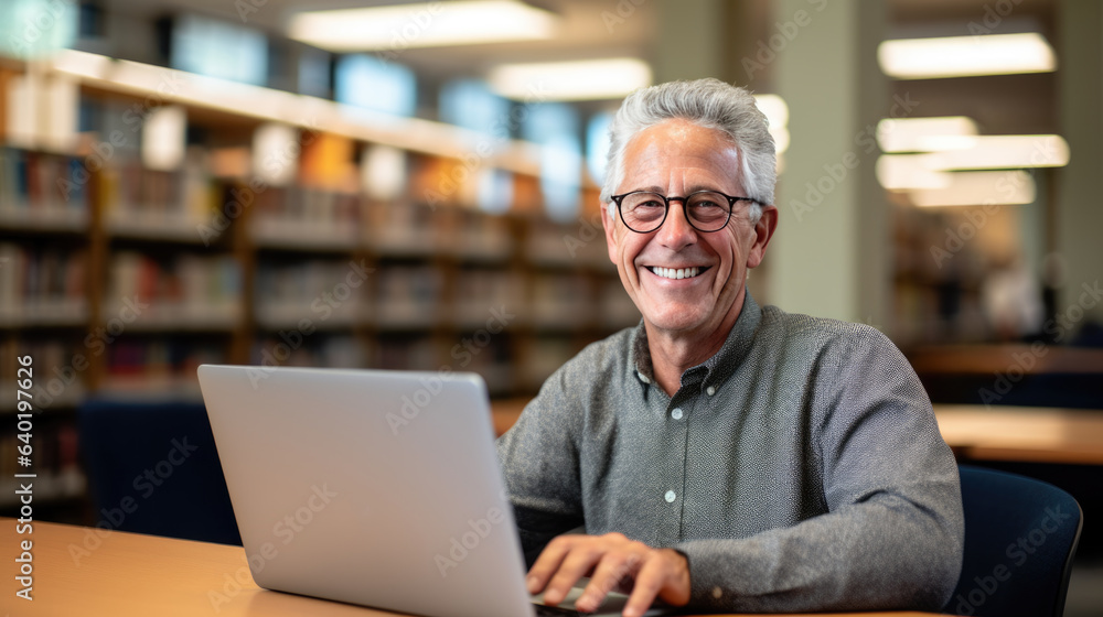 Poster senior professor sits in the university library with a laptop, preparing for a lecture