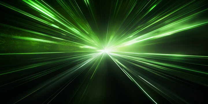 Entering green space warp. Abstract background with fast flying light streaks. Speed line & stripes flying into glowing tunnel, Hypnotic Neon Trails in Dark Abyss, generative AI