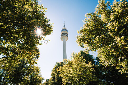 View of Olympia Park with Olympia Tower Olympiaturm in Munich, Bavaria Germany